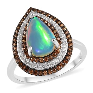 Premium Ethiopian Welo Opal, Brown and White Zircon Cocktail Ring in Platinum Over Sterling Silver (Size 7.0) 3.25 ctw
