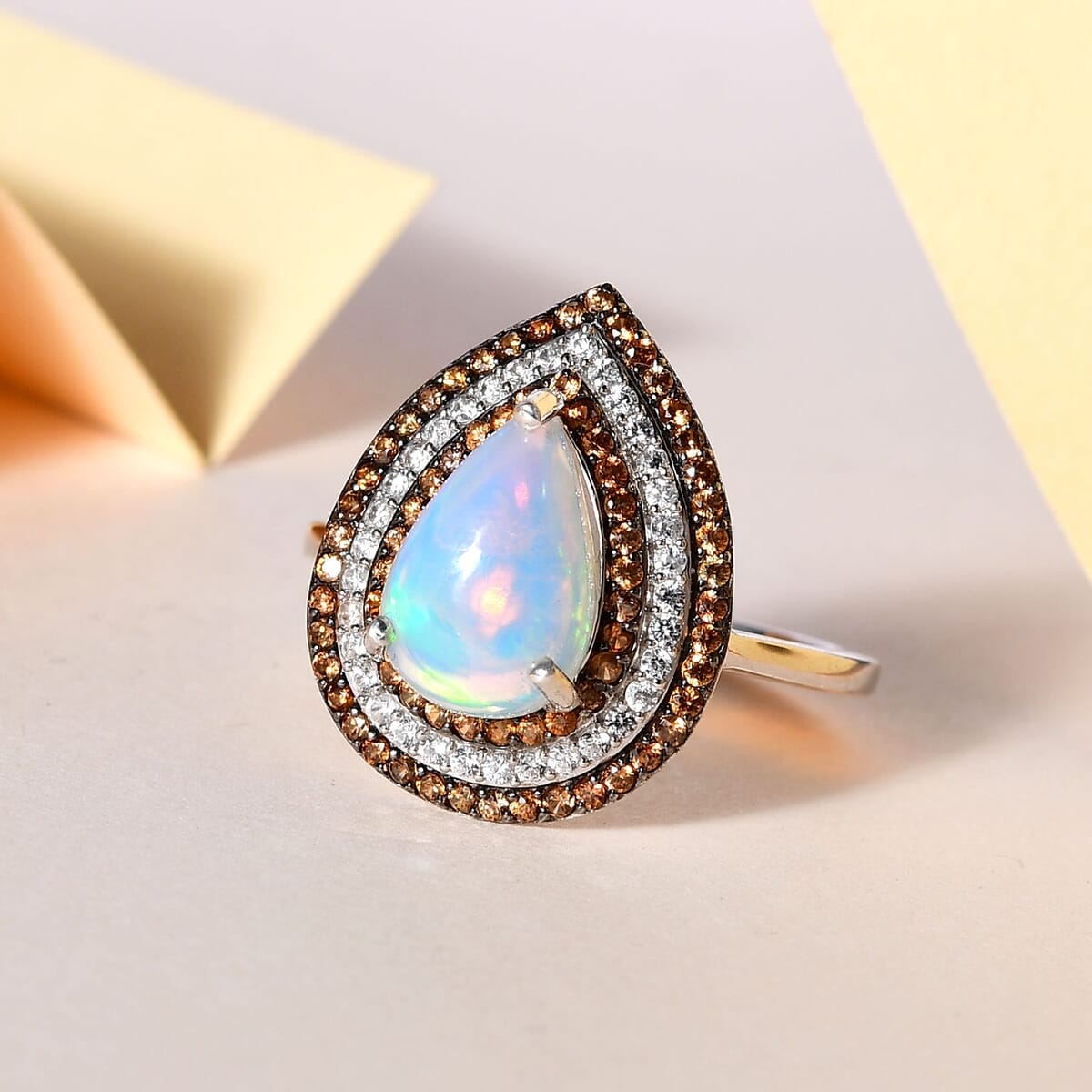 Premium Ethiopian Welo Opal, Brown and White Zircon Cocktail Ring in Platinum Over Sterling Silver (Size 7.0) 3.25 ctw image number 1