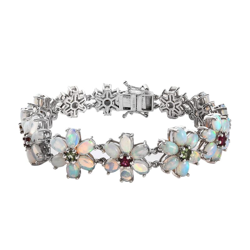 Premium Ethiopian Welo Opal and Multi-Tourmaline Floral Bracelet in Platinum Over Sterling Silver (7.25 In) 17.00 ctw
