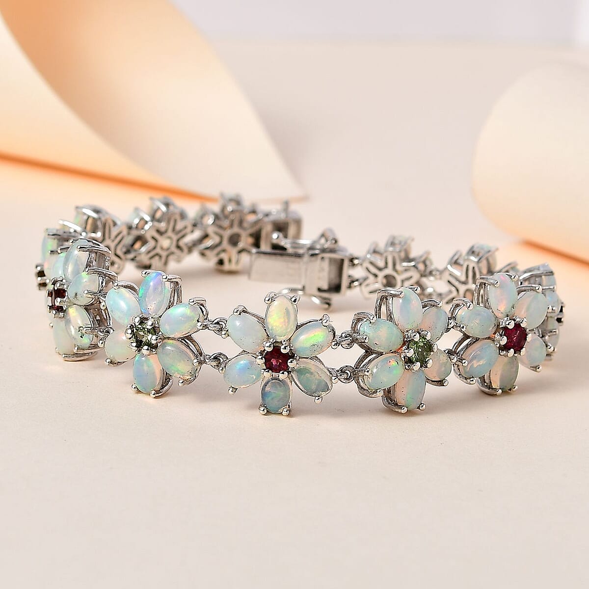 Premium Ethiopian Welo Opal and Multi-Tourmaline Floral Bracelet in Platinum Over Sterling Silver (7.25 In) 17.00 ctw image number 1