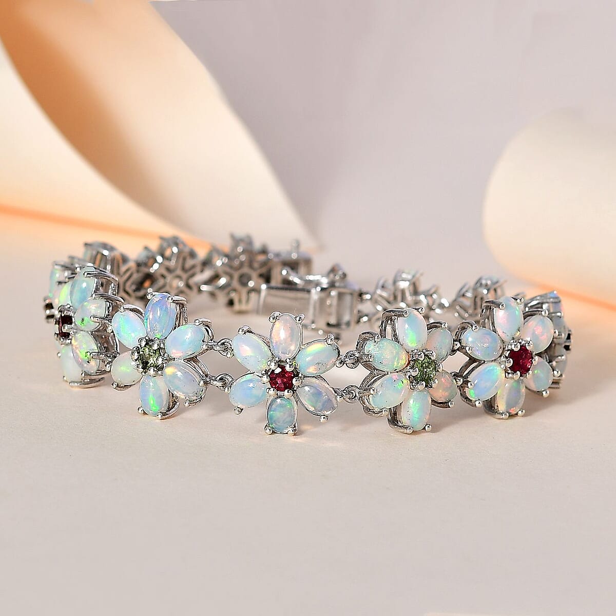 Premium Ethiopian Welo Opal and Multi-Tourmaline Floral Bracelet in Platinum Over Sterling Silver (7.25 In) 17.00 ctw image number 2
