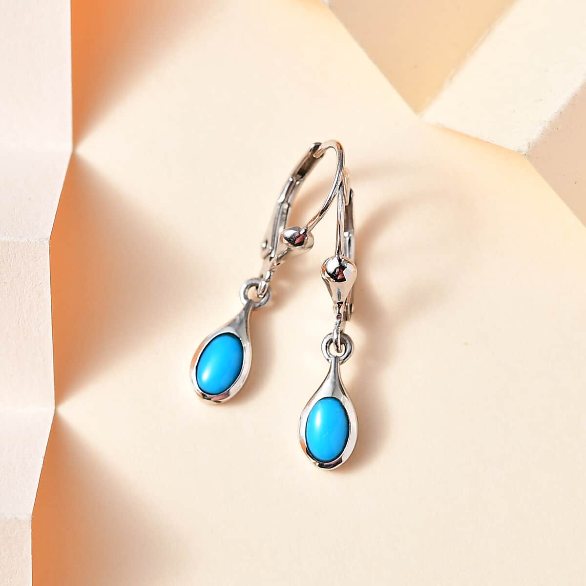Sleeping Beauty Turquoise Solitaire Lever Back Earrings in Platinum Over Sterling Silver 1.00 ctw image number 1