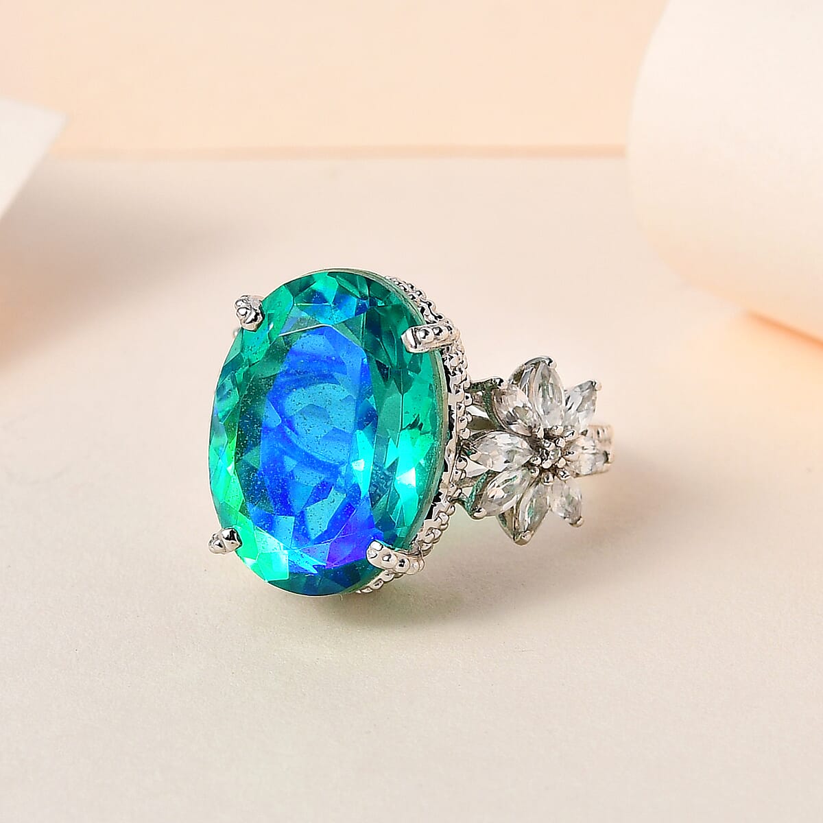 Peacock Quartz (Triplet) and White Zircon Ring in Platinum Over Sterling Silver (Size 6.0) 15.35 ctw image number 1