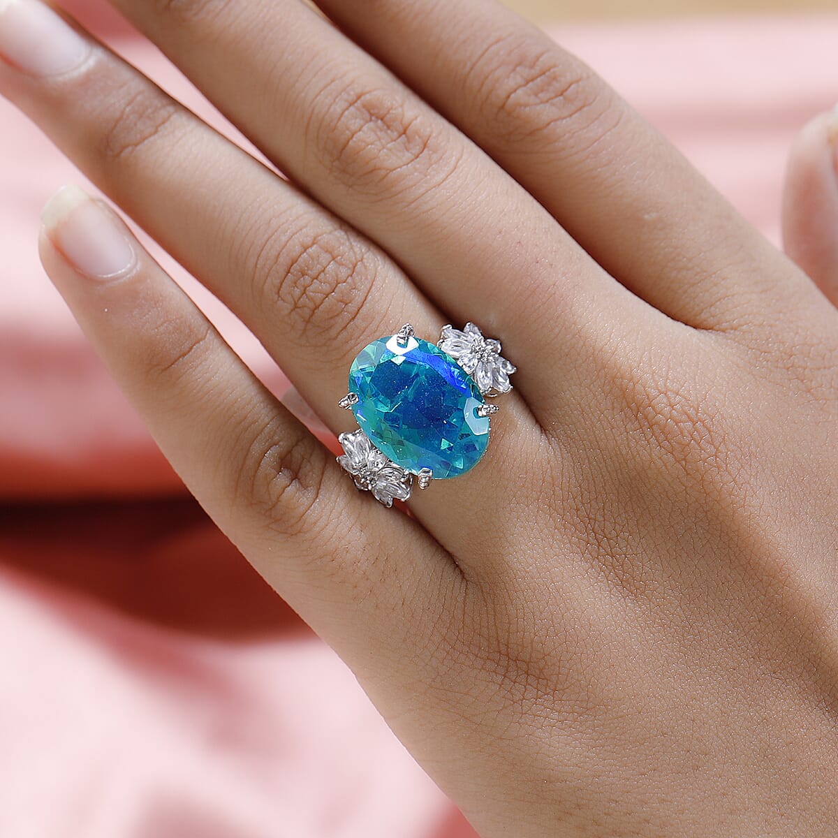 Peacock Quartz (Triplet) and White Zircon Ring in Platinum Over Sterling Silver (Size 6.0) 15.35 ctw image number 2