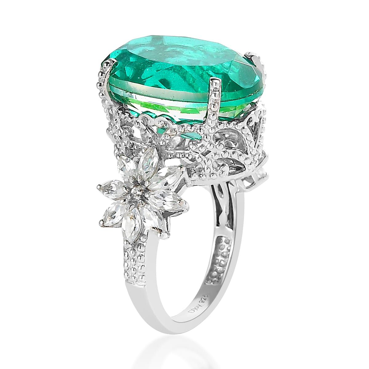 Peacock Quartz (Triplet) and White Zircon Ring in Platinum Over Sterling Silver (Size 6.0) 15.35 ctw image number 3