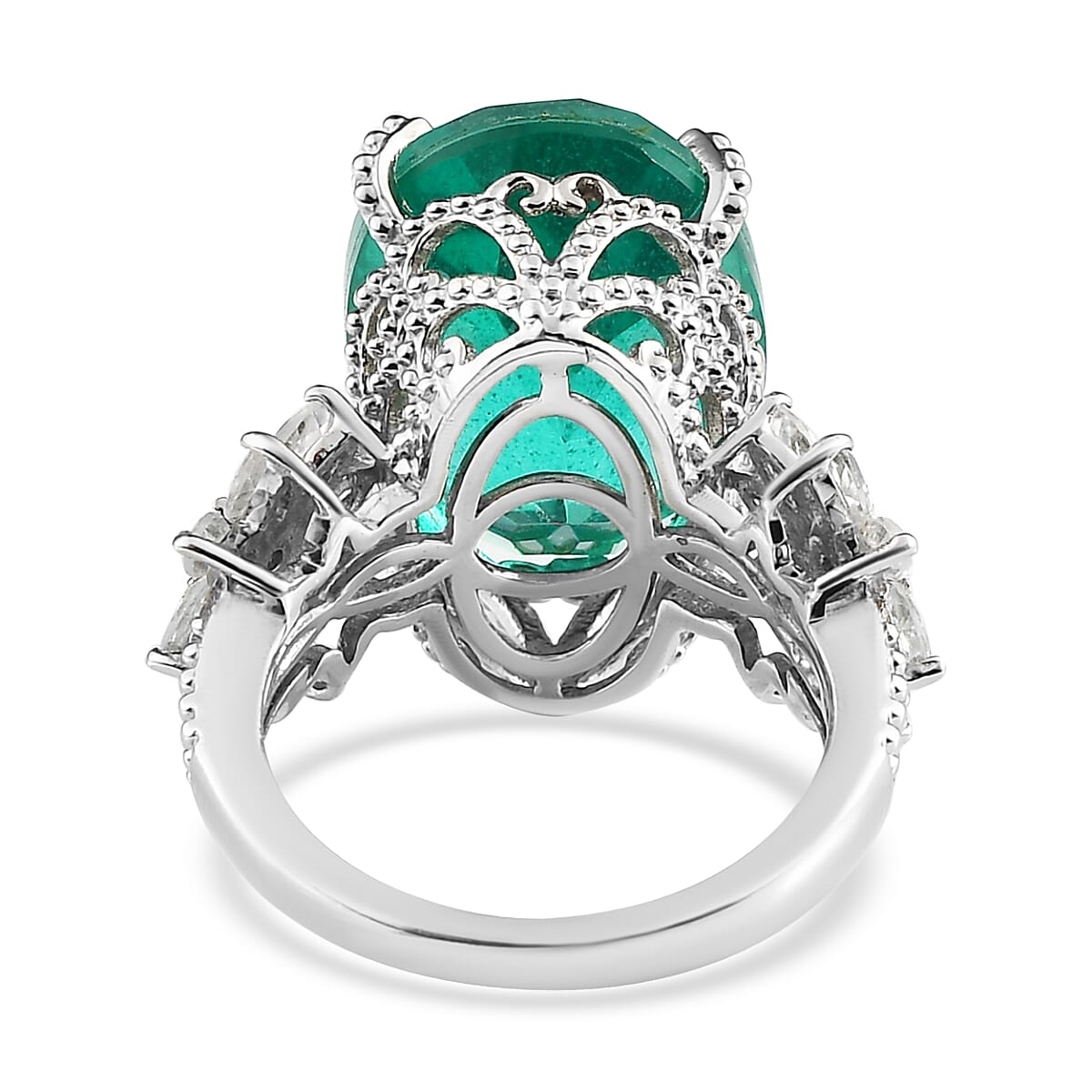 Peacock Quartz (Triplet) and White Zircon Ring in Platinum Over Sterling Silver (Size 6.0) 15.35 ctw image number 4
