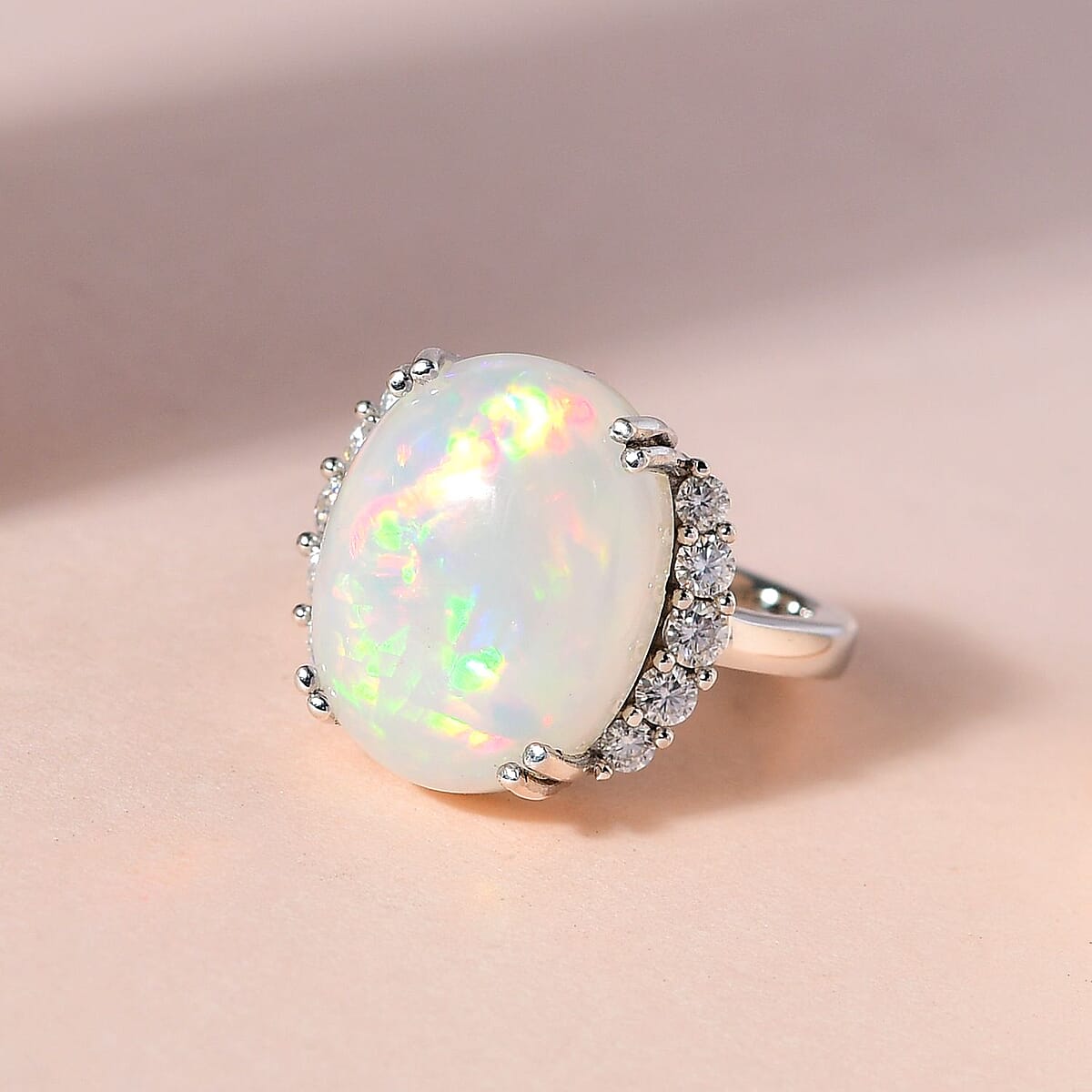 AAA Ethiopian Welo Opal and Moissanite Ring in Platinum Over Sterling Silver 6.65 ctw image number 1