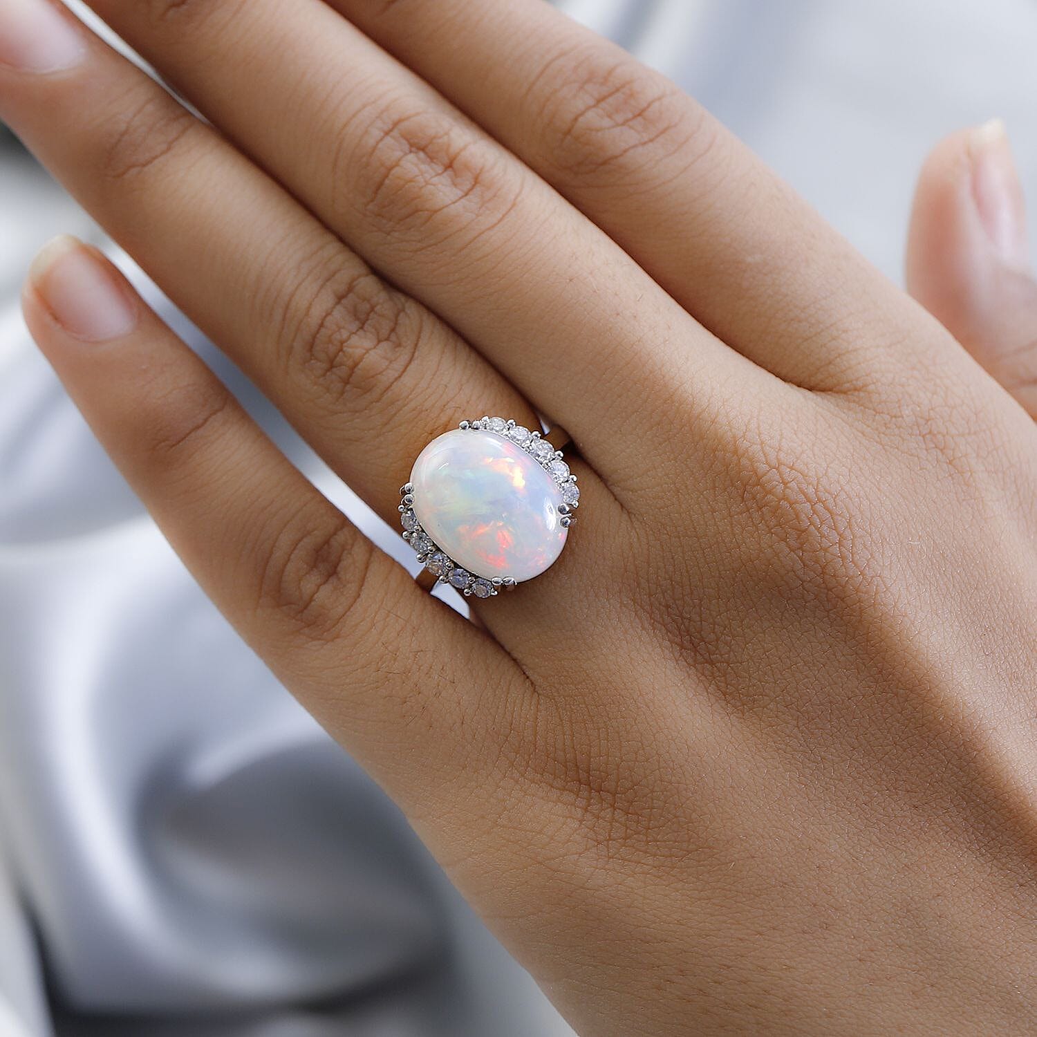 AAA Ethiopian Welo Opal and Moissanite Ring in Platinum Over Sterling Silver (Size 10.0) 6.50 ctw