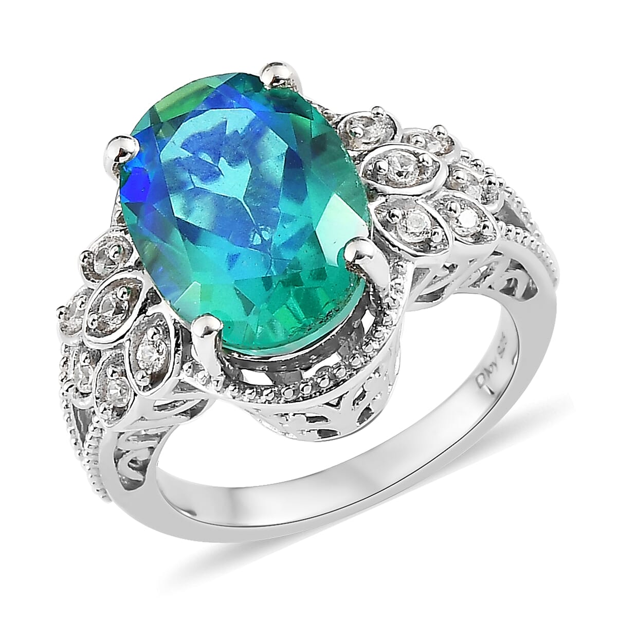 Peacock Quartz (Triplet) and White Zircon Ring in Platinum Over Sterling Silver (Size 10.0) 6.00 ctw 