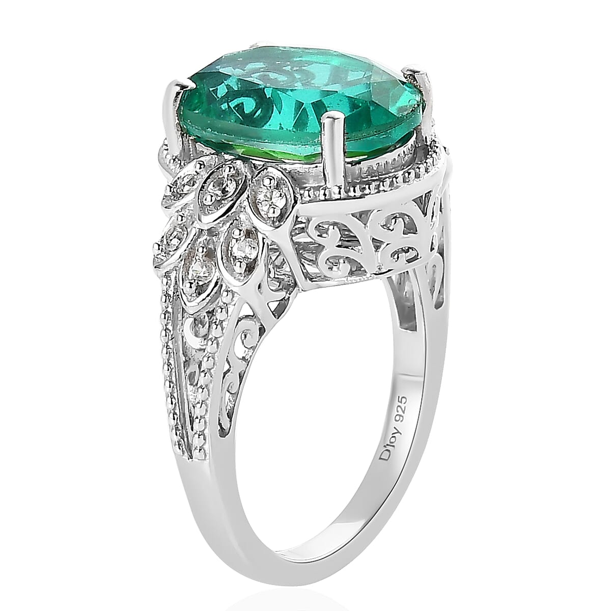 Peacock Quartz (Triplet) and White Zircon Ring in Platinum Over Sterling Silver (Size 10.0) 6.00 ctw 