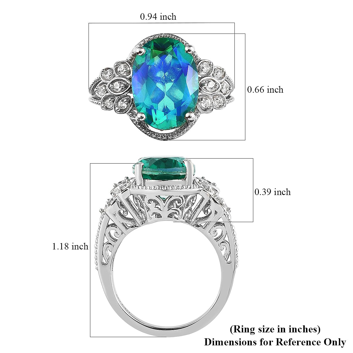 Peacock Quartz (Triplet) and White Zircon Ring in Platinum Over Sterling Silver (Size 10.0) 6.00 ctw 
