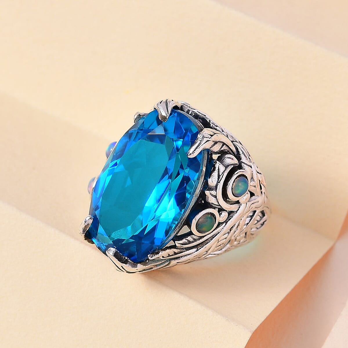 Artisan Crafted Caribbean Quartz (Triplet) and Ethiopian Welo Opal Ring in Sterling Silver 15.35 ctw image number 1