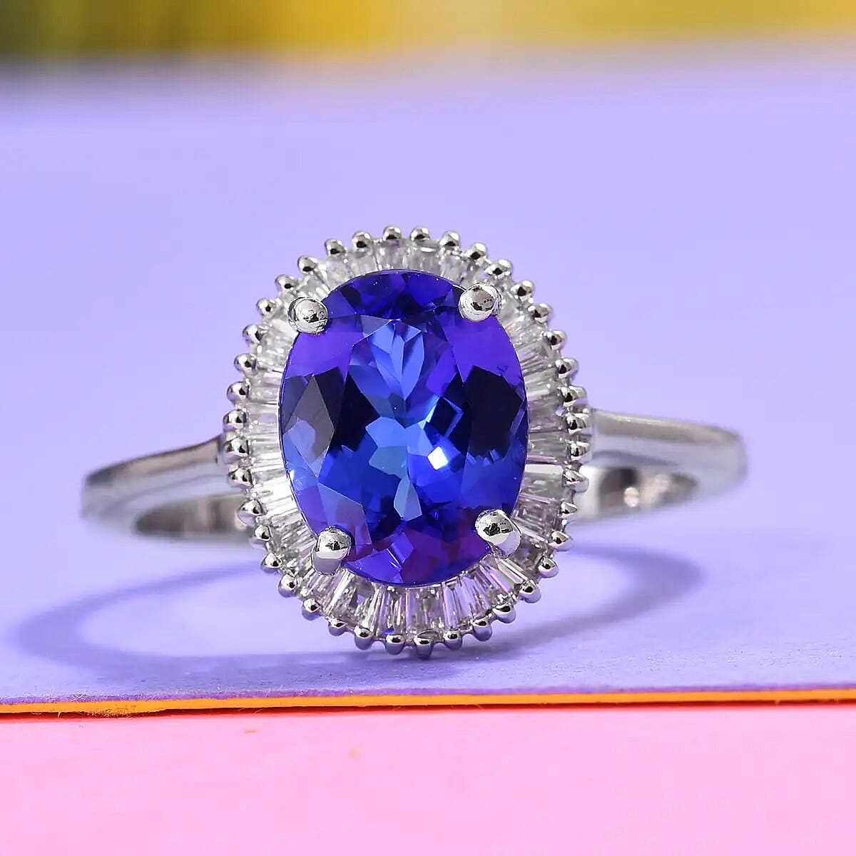 Certified Rhapsody 950 Platinum AAAA Tanzanite and E-F VS1 Diamond Halo Ring (Size 6.5) 4.80 Grams 3.00 ctw image number 1