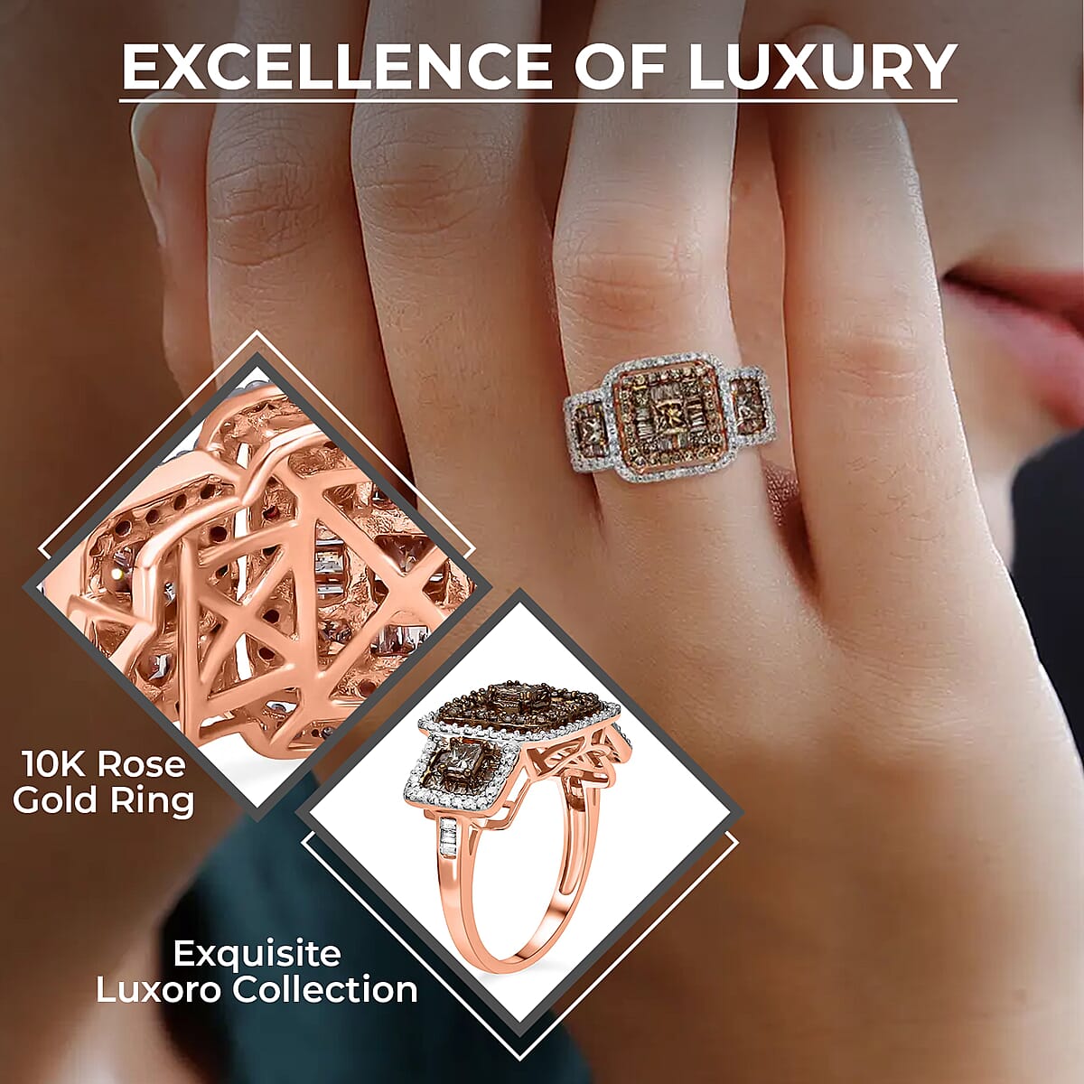 Luxoro Natural Champagne and White Diamond 2.00 ctw Ring in 10K Rose Gold, Gold Diamond Ring, Wedding Ring, Engagement Rings For Her image number 2