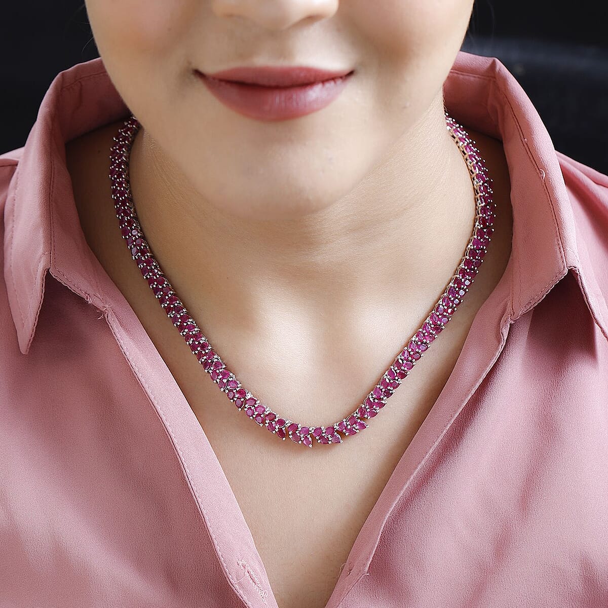 Niassa Ruby (FF) Tennis Necklace 18 Inches in Platinum Over Sterling Silver 50.00 ctw image number 2