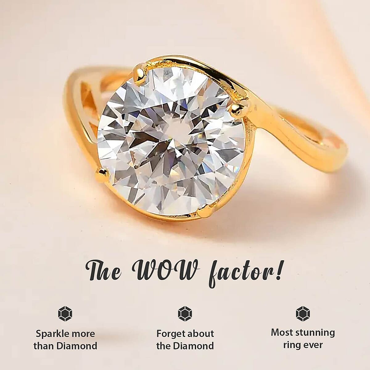 Moissanite Solitaire Ring, Moissanite Bypass Ring, Vermeil Yellow Gold Over Sterling Silver Ring, Moissanite Ring, Silver Solitaire Ring 3.35 ctw (Size 5.0) image number 1