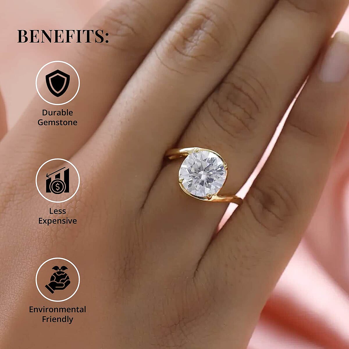 Moissanite Solitaire Ring, Moissanite Bypass Ring, Vermeil Yellow Gold Over Sterling Silver Ring, Moissanite Ring, Silver Solitaire Ring 3.35 ctw (Size 5.0) image number 3
