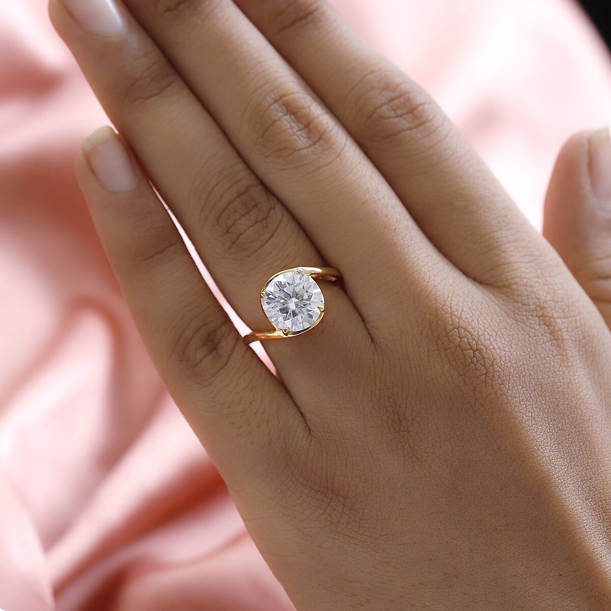 Moissanite 3.35 ctw Solitaire Ring, Moissanite Bypass Ring, Vermeil Yellow Gold Over Sterling Silver Ring, Moissanite Ring, Silver Solitaire Ring (Size 6.0) image number 2