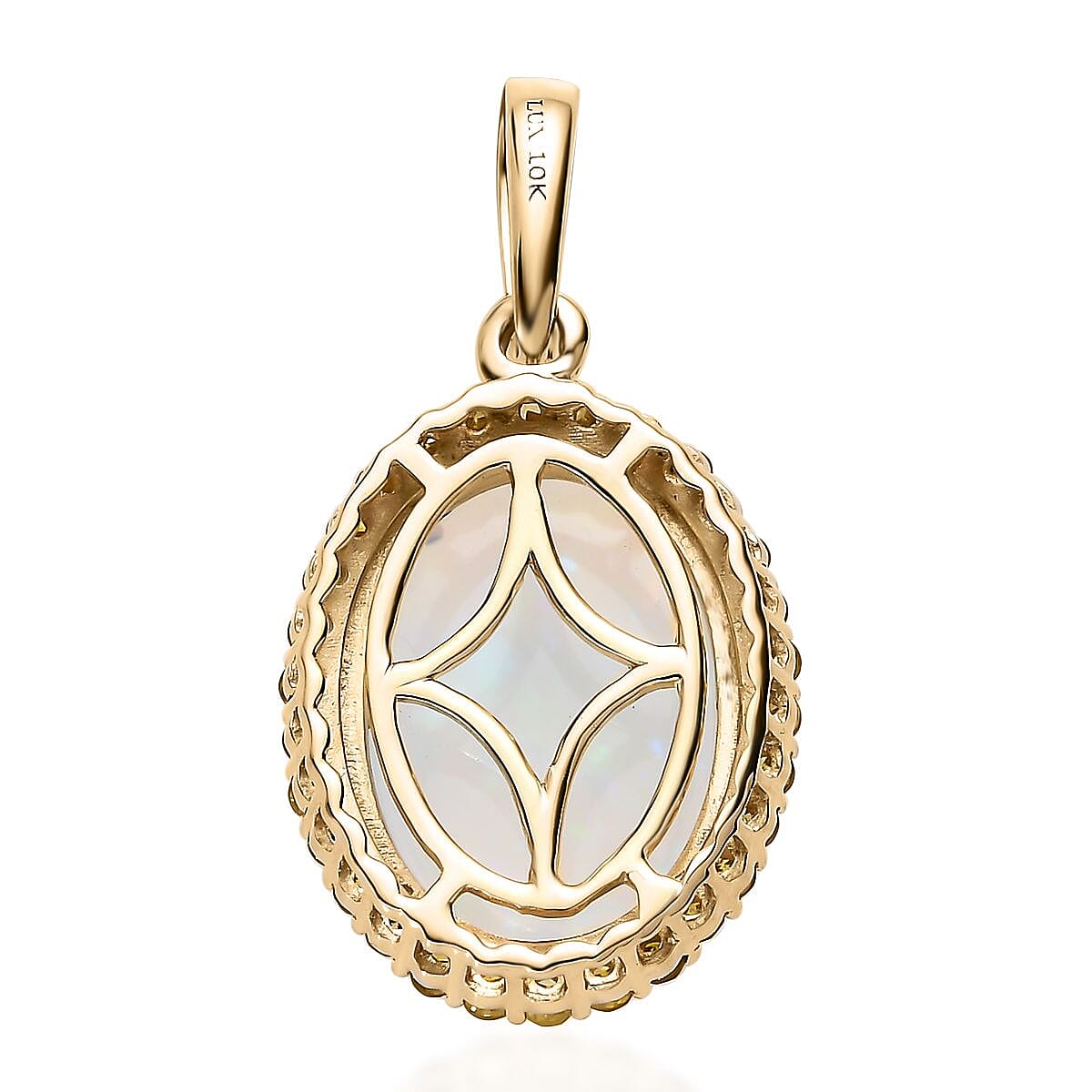 Luxoro 10K Yellow Gold AAA Ethiopian Welo Opal and I3 Natural Yellow Diamond Halo Pendant 3.65 ctw