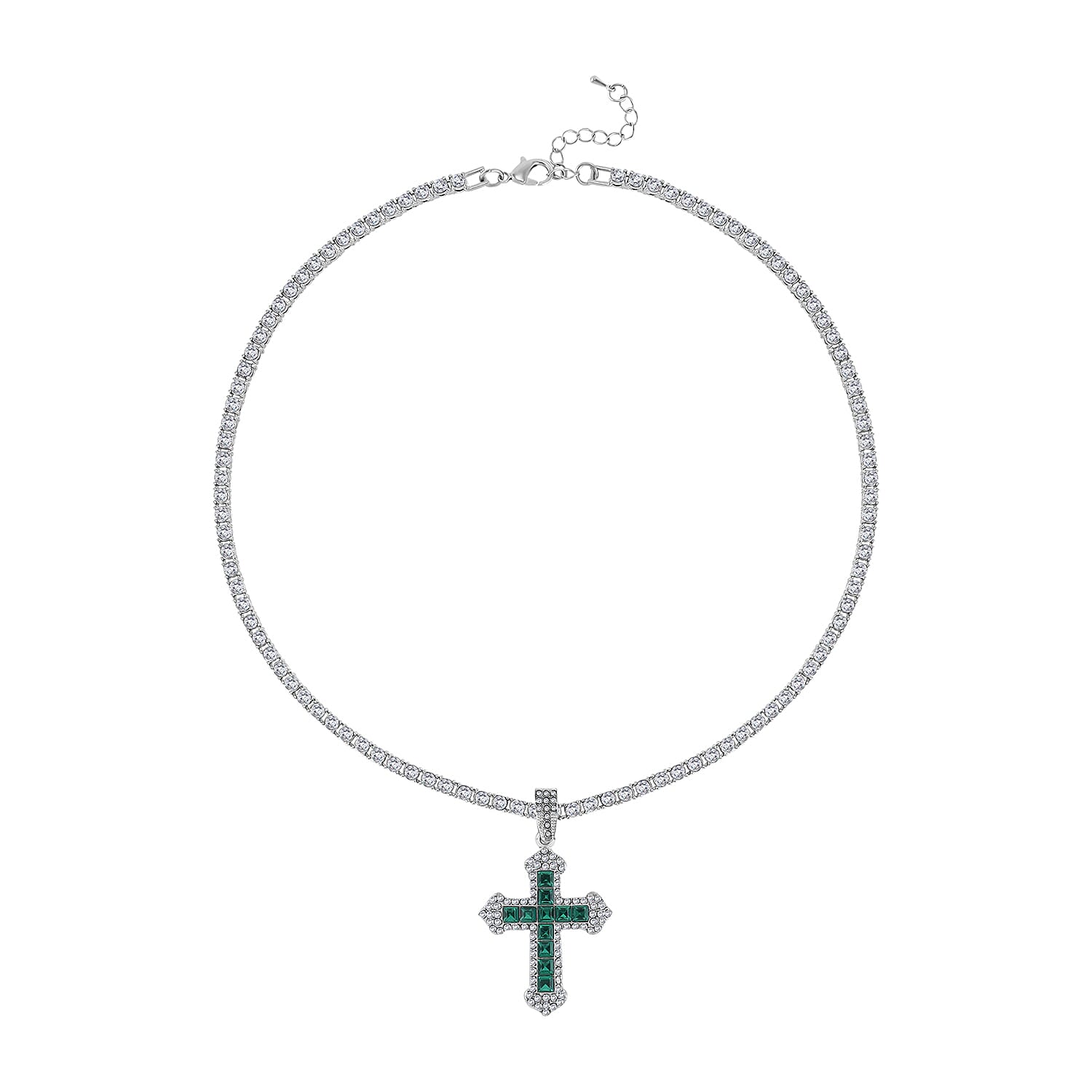 Green Glass and Austrian Crystal Cross Pendant with Tennis Necklace 20-22 Inches in Silvertone