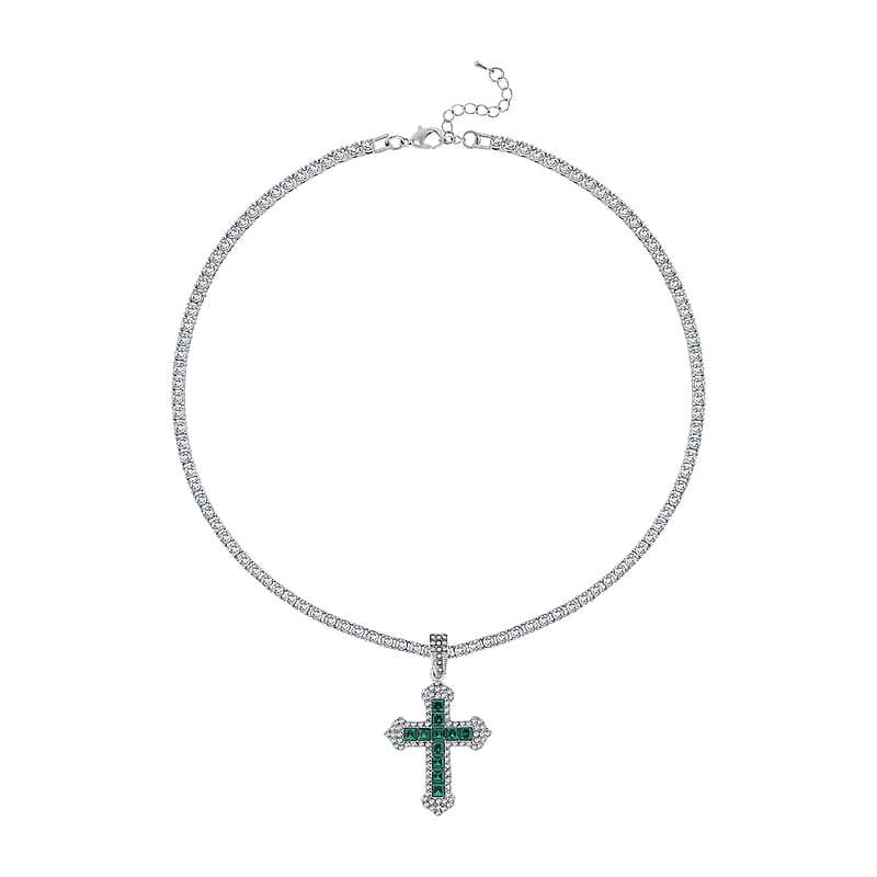 Green Glass and Austrian Crystal Cross Pendant with Tennis Necklace 20-22 Inches in Silvertone