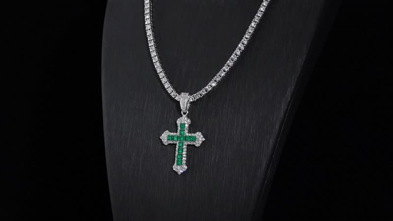 Green Glass and Austrian Crystal Cross Pendant with Tennis Necklace 20-22 Inches in Silvertone