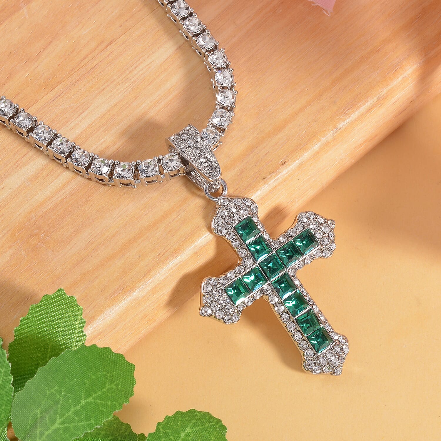 Green Glass and Austrian Crystal Cross Pendant with Tennis Necklace 20-22 Inches in Silvertone