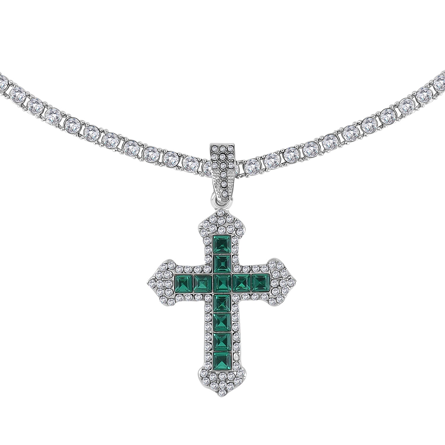 Green Glass and Austrian Crystal Cross Pendant with Tennis Necklace 20-22 Inches in Silvertone