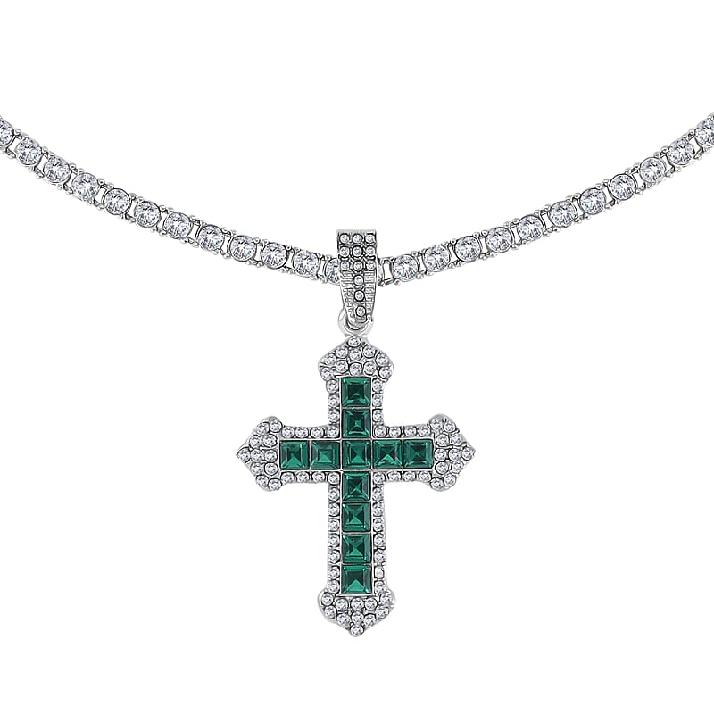 Green Glass and Austrian Crystal Cross Pendant with Tennis Necklace 20-22 Inches in Silvertone