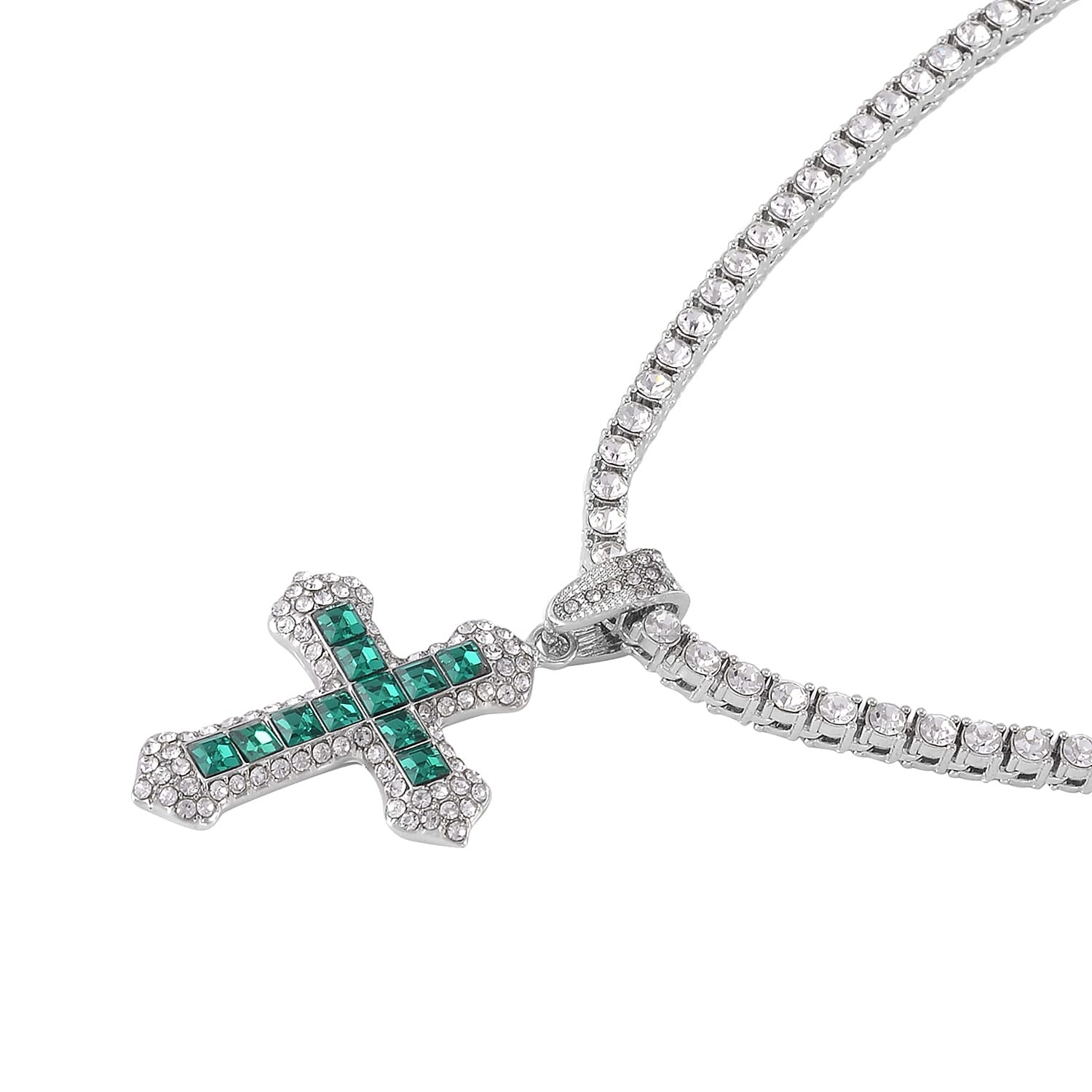 Green Glass and Austrian Crystal Cross Pendant with Tennis Necklace 20-22 Inches in Silvertone