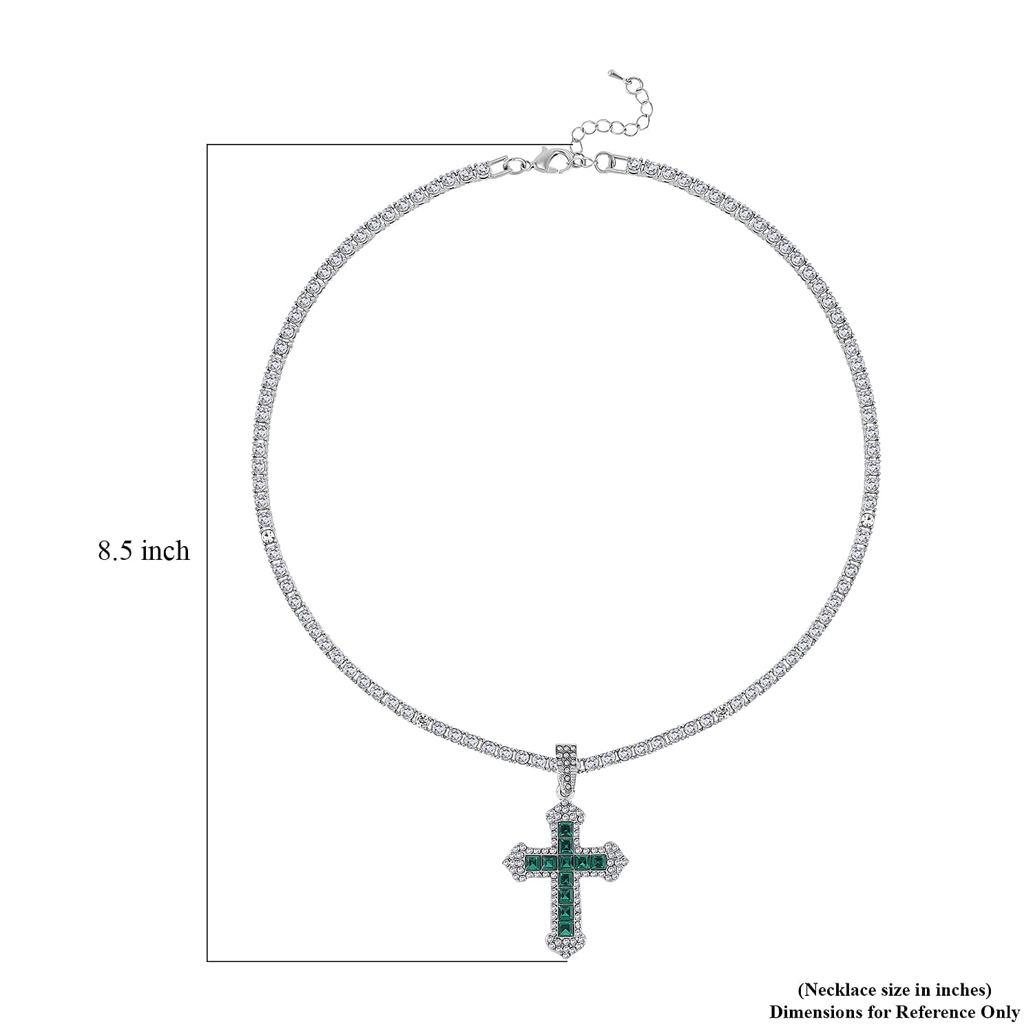 Green Glass and Austrian Crystal Cross Pendant with Tennis Necklace 20-22 Inches in Silvertone