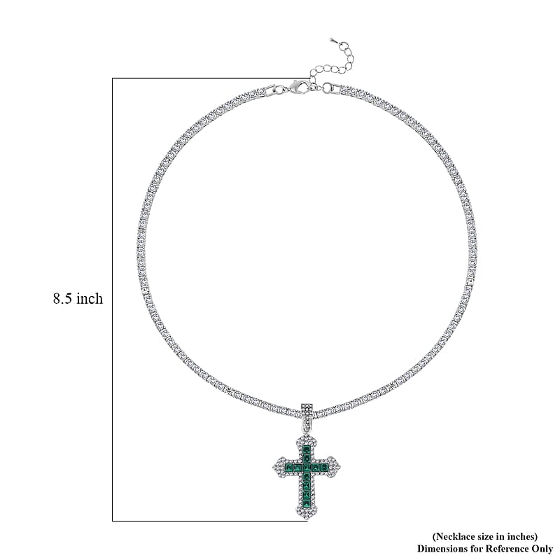 Green Glass and Austrian Crystal Cross Pendant with Tennis Necklace 20-22 Inches in Silvertone
