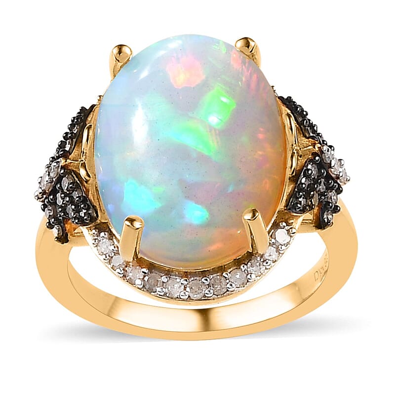 Premium Ethiopian Welo Opal and Natural Champagne and White Diamond Butterfly Ring in Vermeil YG Over Sterling Silver (Size 10.0) 6.00 ctw