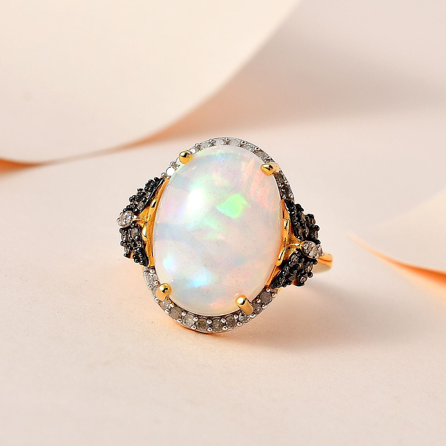 Premium Ethiopian Welo Opal and Natural Champagne and White Diamond Butterfly Ring in Vermeil YG Over Sterling Silver (Size 10.0) 6.00 ctw