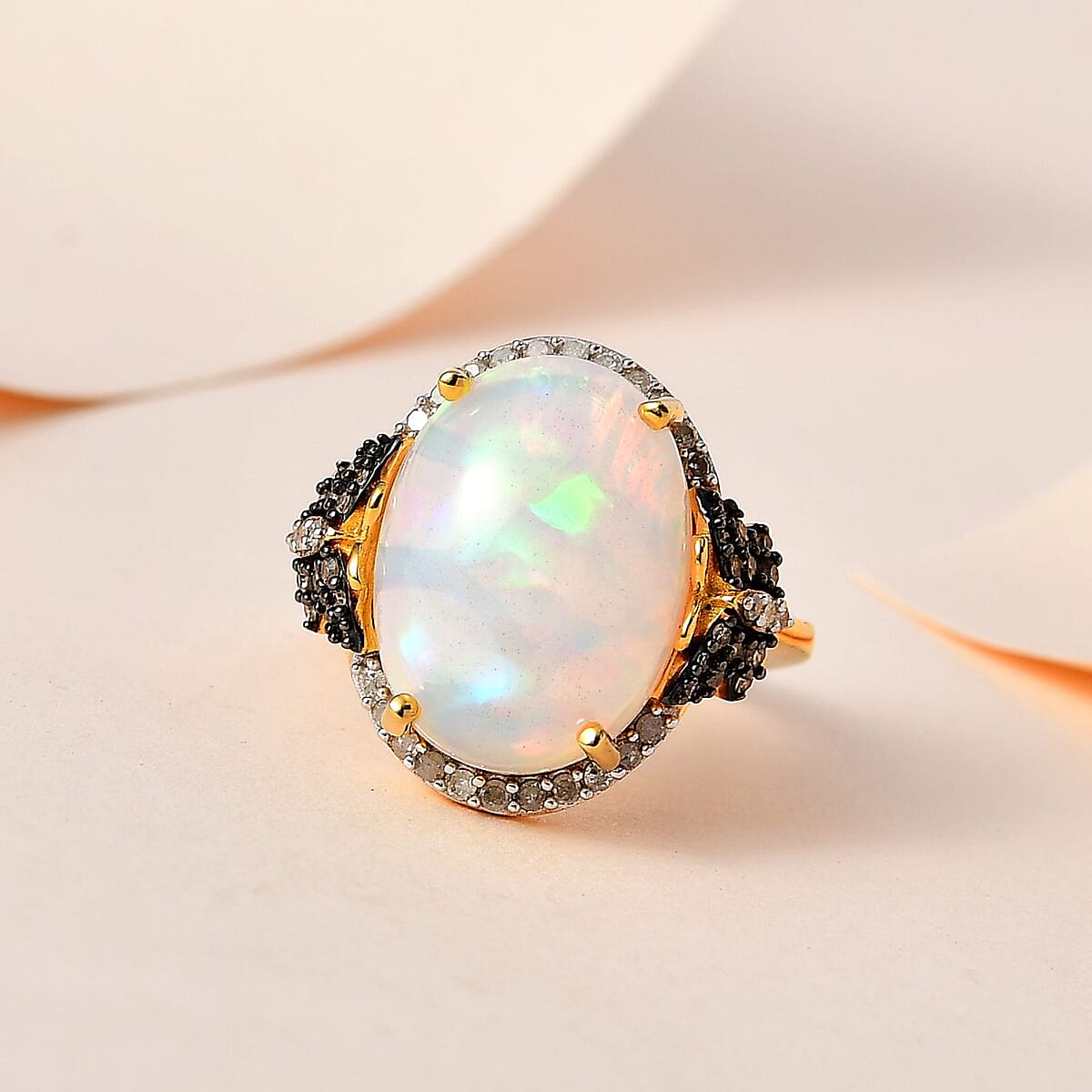 Premium Ethiopian Welo Opal and Natural Champagne and White Diamond Butterfly Ring in Vermeil YG Over Sterling Silver 6.00 ctw image number 1