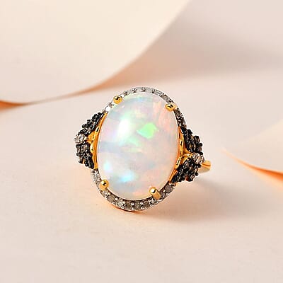 Premium Ethiopian Welo Opal and Natural Champagne and White Diamond Butterfly Ring in Vermeil YG Over Sterling Silver (Size 10.0) 6.00 ctw