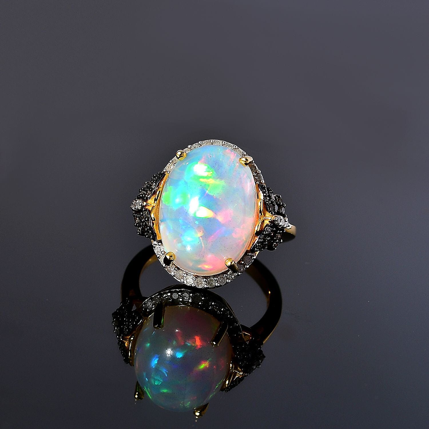 Premium Ethiopian Welo Opal and Natural Champagne and White Diamond Butterfly Ring in Vermeil YG Over Sterling Silver (Size 10.0) 6.00 ctw