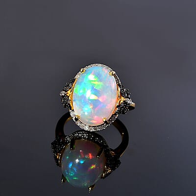 Premium Ethiopian Welo Opal and Natural Champagne and White Diamond Butterfly Ring in Vermeil YG Over Sterling Silver (Size 10.0) 6.00 ctw
