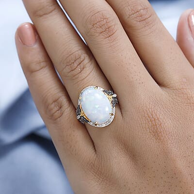 Premium Ethiopian Welo Opal and Natural Champagne and White Diamond Butterfly Ring in Vermeil YG Over Sterling Silver (Size 10.0) 6.00 ctw