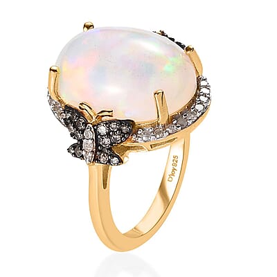 Premium Ethiopian Welo Opal and Natural Champagne and White Diamond Butterfly Ring in Vermeil YG Over Sterling Silver (Size 10.0) 6.00 ctw