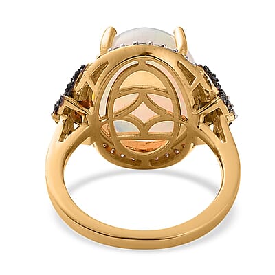Premium Ethiopian Welo Opal and Natural Champagne and White Diamond Butterfly Ring in Vermeil YG Over Sterling Silver (Size 10.0) 6.00 ctw