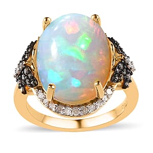 Premium Ethiopian Welo Opal and Natural Champagne and White Diamond Butterfly Ring in Vermeil YG Over Sterling Silver (Size 7.0) 6.00 ctw