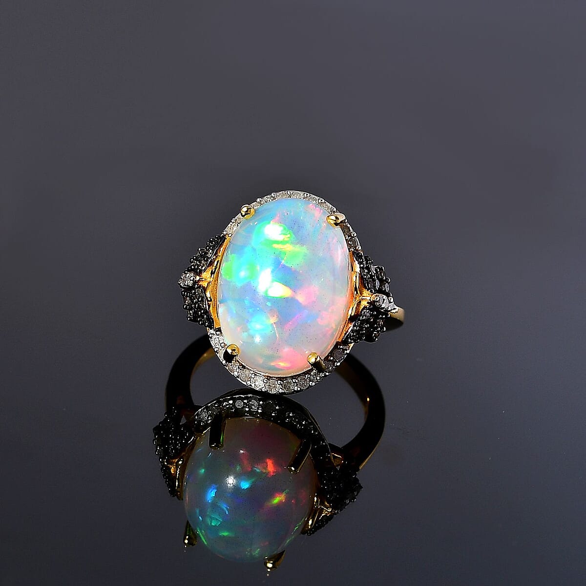 Premium Ethiopian Welo Opal and Natural Champagne and White Diamond Butterfly Ring in Vermeil YG Over Sterling Silver (Size 7.0) 6.00 ctw image number 2
