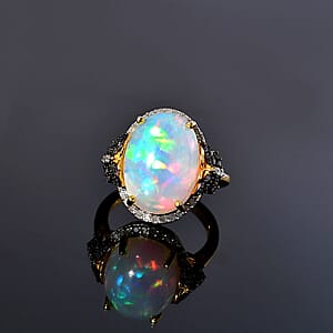 Premium Ethiopian Welo Opal and Natural Champagne and White Diamond Butterfly Ring in Vermeil YG Over Sterling Silver (Size 7.0) 6.00 ctw