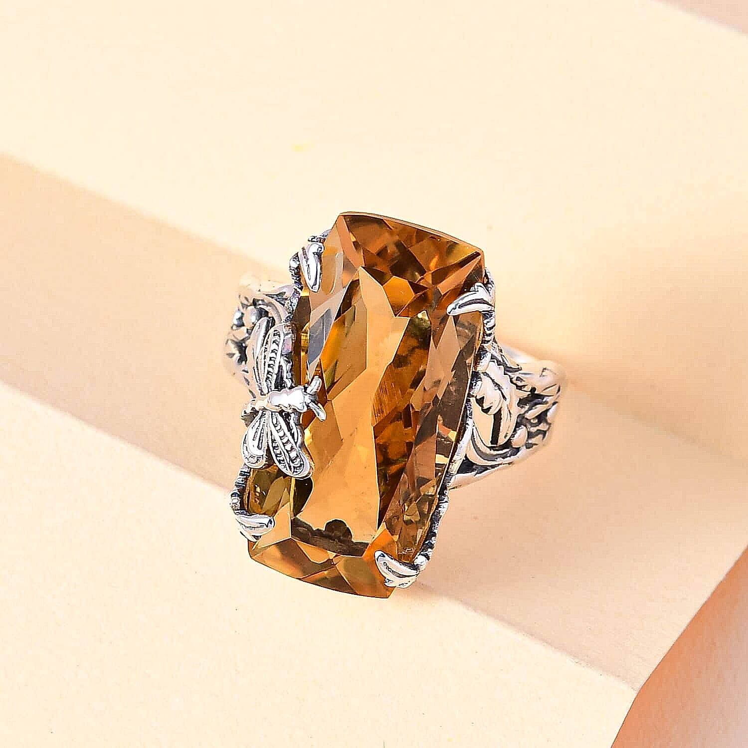 Artisan Crafted Brazilian Citrine Ring ,Brazilian Citrine Dragonfly Ring ,Sterling Silver Ring , Solitaire Ring 14.00 ctw