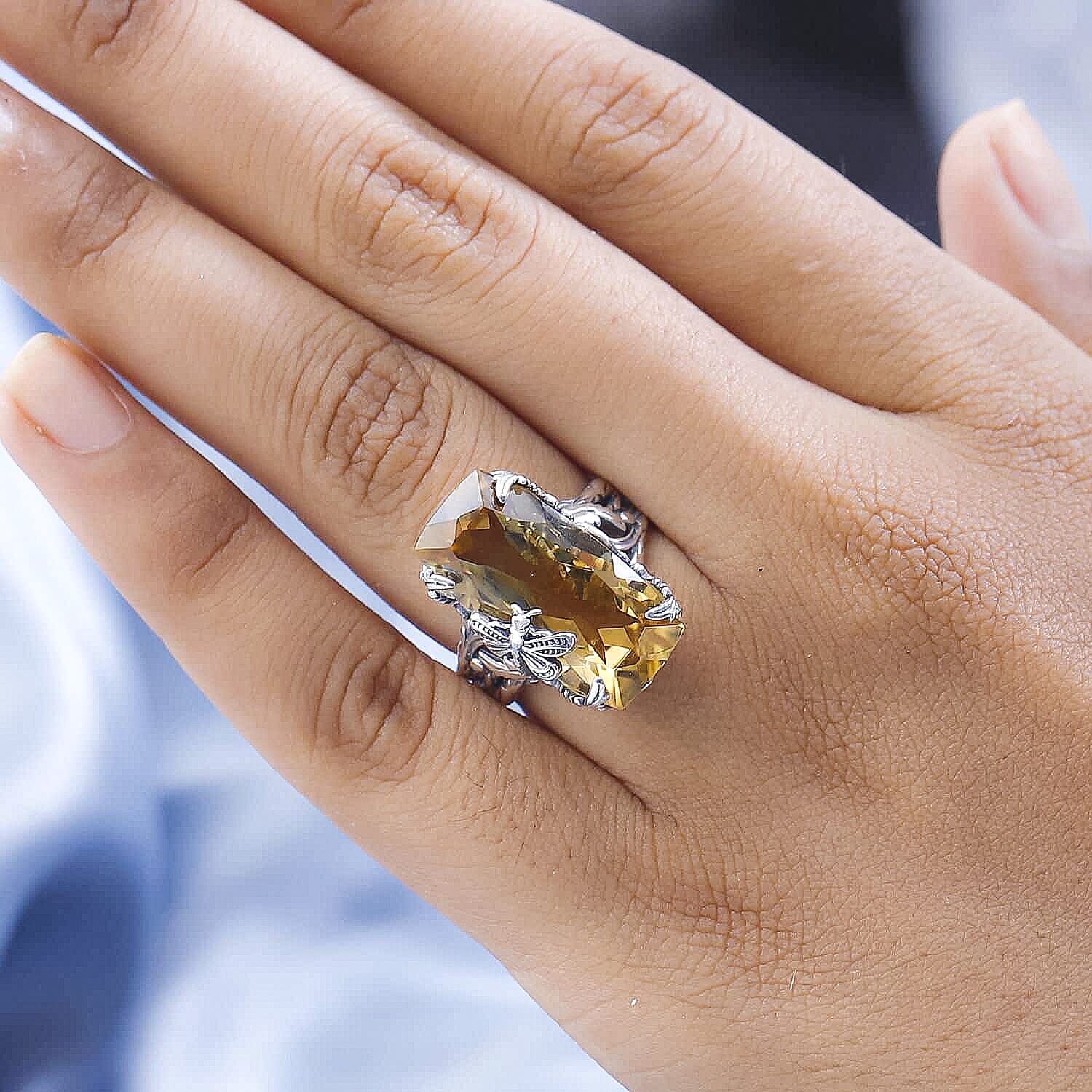 Artisan Crafted Brazilian Citrine Ring ,Brazilian Citrine Dragonfly Ring ,Sterling Silver Ring , Solitaire Ring 14.00 ctw