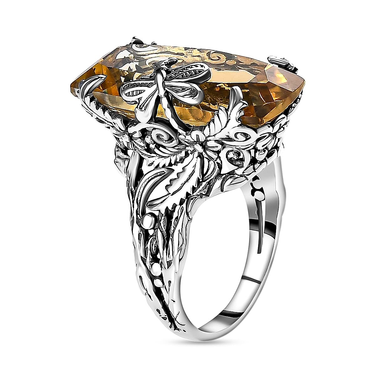 Artisan Crafted Brazilian Citrine Ring ,Brazilian Citrine Dragonfly Ring ,Sterling Silver Ring , Solitaire Ring 14.00 ctw
