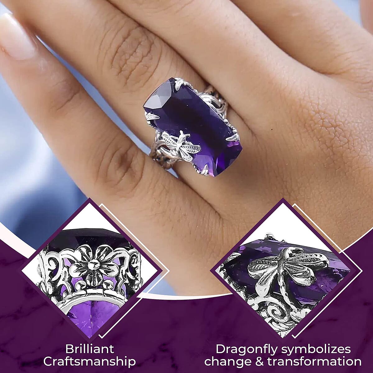 Artisan Crafted Amethyst Ring ,Purple Amethyst Dragonfly Ring ,Sterling Silver Ring , Solitaire Ring 13.35 ctw image number 2