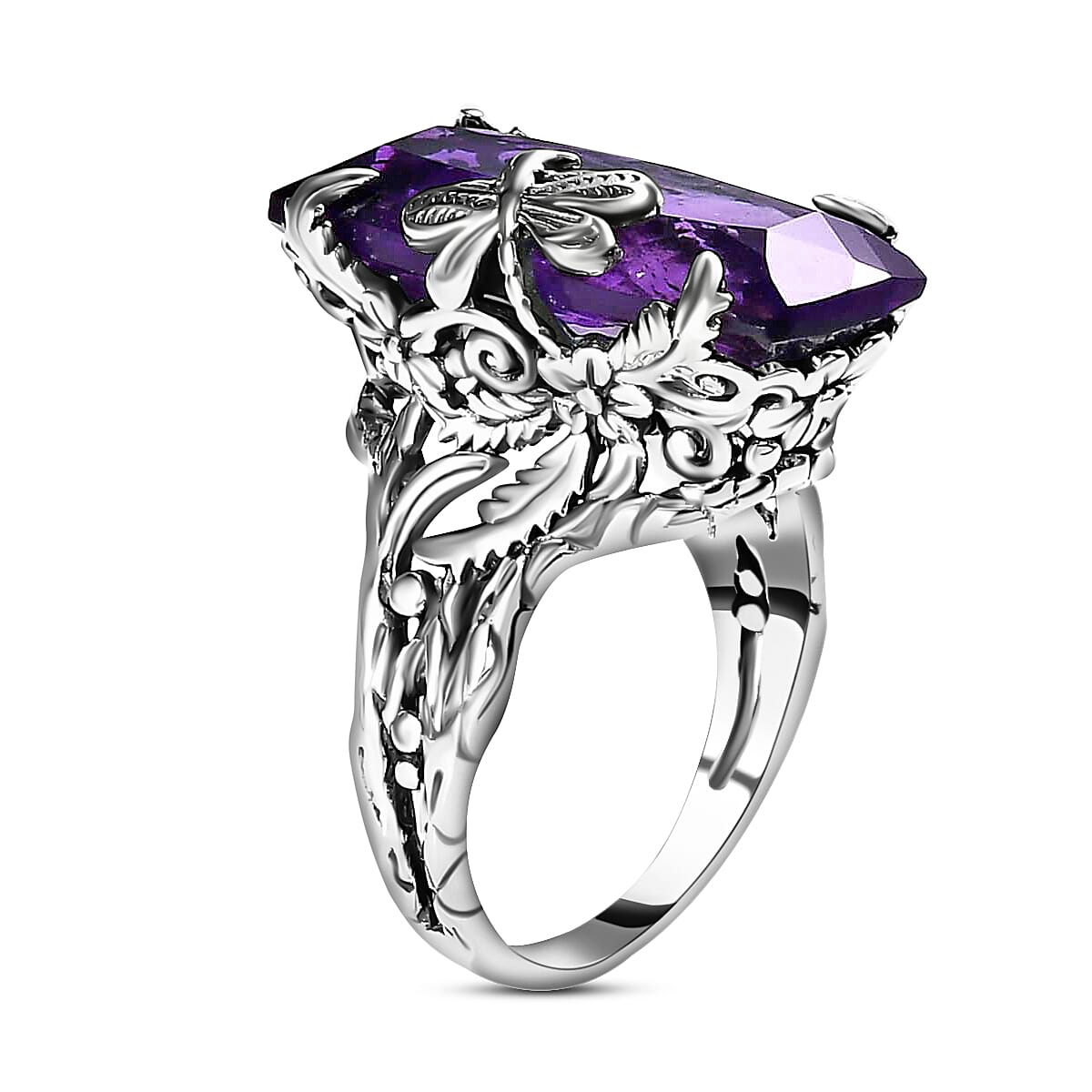 Artisan Crafted Amethyst Ring ,Purple Amethyst Dragonfly Ring ,Sterling Silver Ring , Solitaire Ring 13.35 ctw image number 6