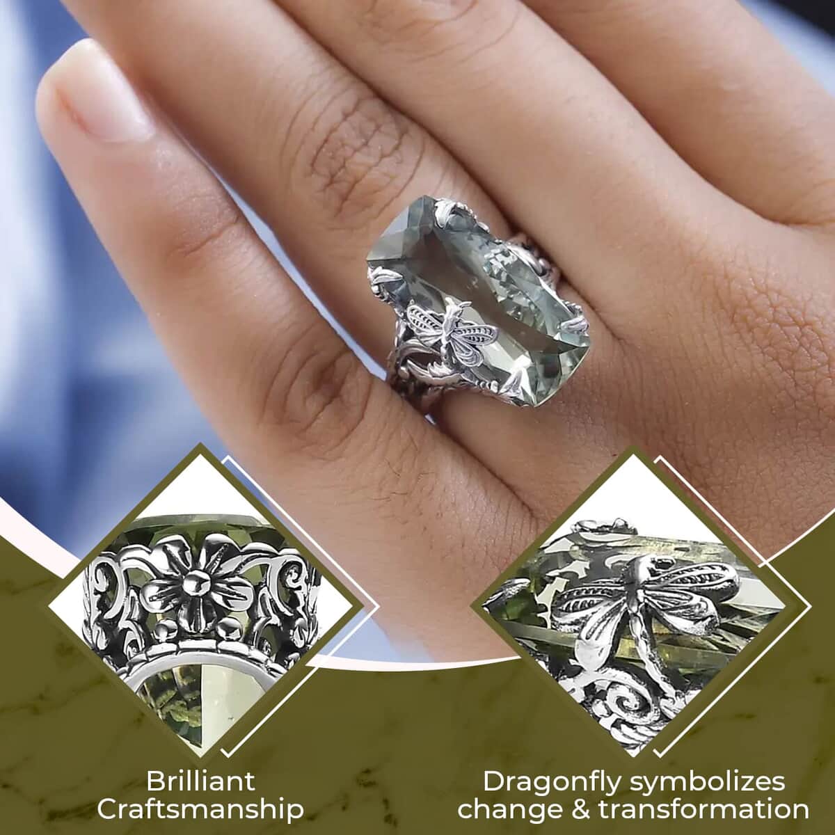 Artisan Crafted Montezuma Prasiolite Ring ,Montezuma Prasiolite Dragonfly Ring ,Sterling Silver Ring , Solitaire Ring 12.10 ctw image number 2